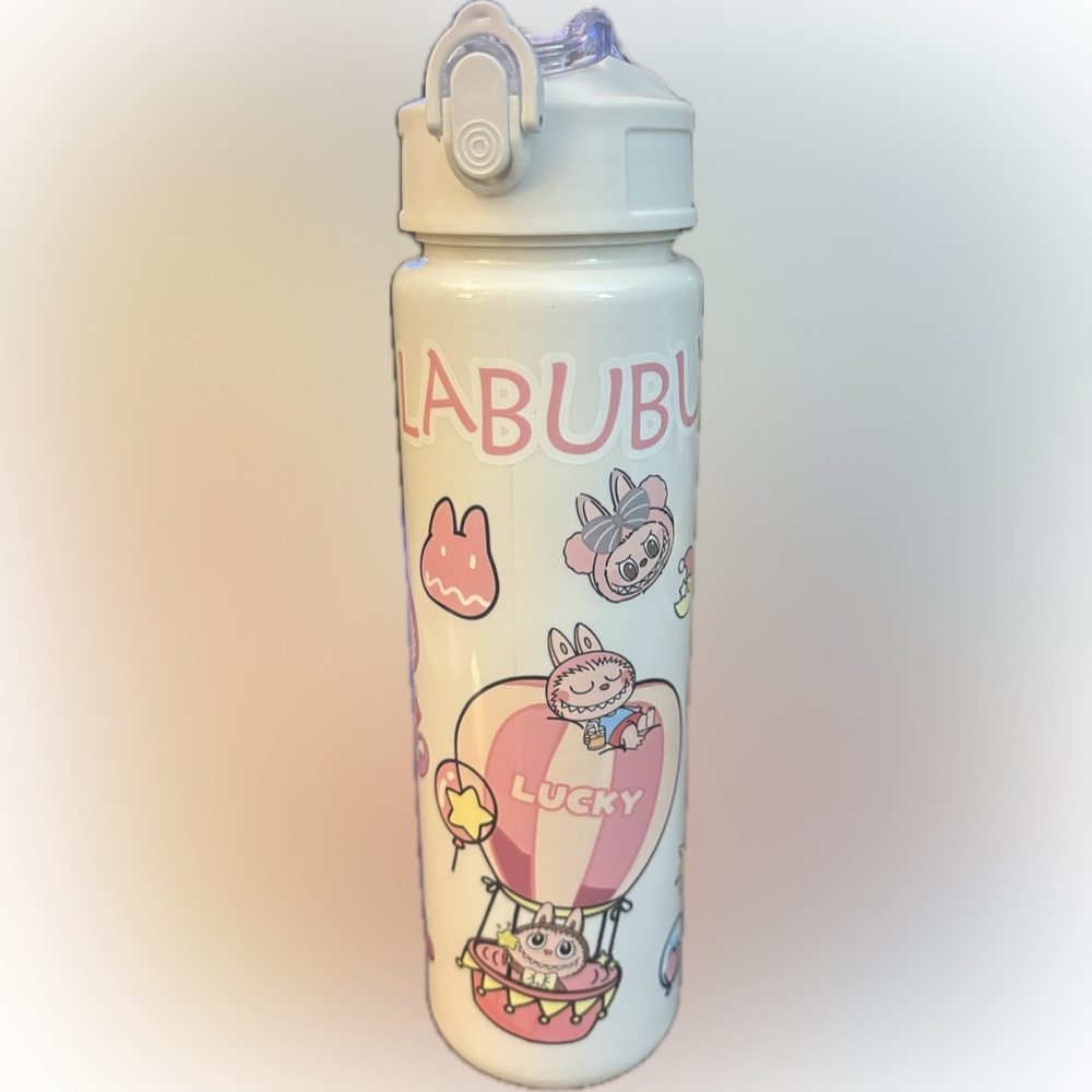 White & Pink Labubu Cartoon Water Bottle